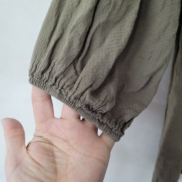 Shirt Women M Bohemian 3/4 Sleeve V-Neck Tunic Olive Frayed Edge Oversized - Picture 3 of 7